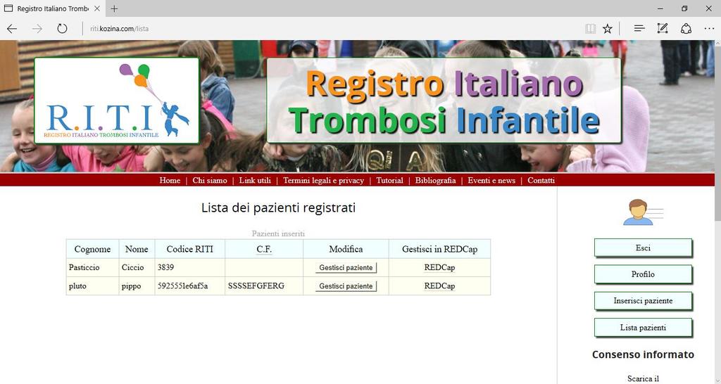 Il mio profilo contiene i tuoi dati personali e permette di modificare il profilo utente Inserimento pazienti in REDCap permette di generare un codice identificativo univoco per ogni paziente da