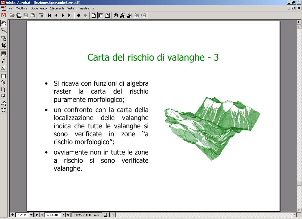 Carta del rischio di valanghe (Ciolli & Zatelli, 2000) Analisi morfologica: DTM da interpolazione di curve di livello della Val di Pejo pendenza rischio morfologico superficie minima variazione di