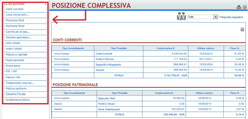 In particolare queste sono le posizioni raggiungibili: Comparto Conti Correnti: Conti correnti.