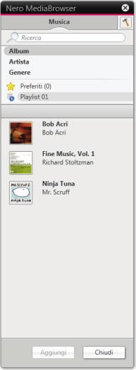 Interfaccia utente 3.3.8 Nero MediaBrowser Nero MediaBrowser è uno strumento che consente di cercare, visualizzare e accedere in modo facile ai file multimediali e di aggiungerli al progetto.