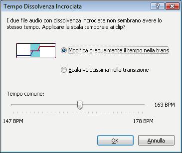 Modifica di una traccia Viene visualizzata la finestra Tempo Dissolvenza Incrociata. 2.