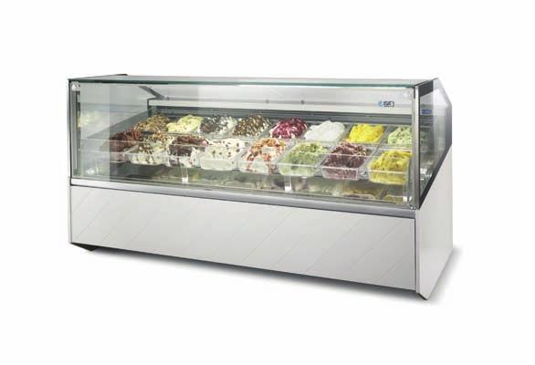 Supershow MY17 Supershow is the only gelato cabinet providing a 3D visibility thanks to its transparent structure and containers. The front lighting exalts further the ice-cream display.