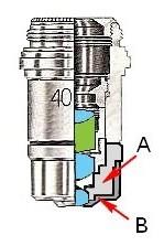 Fig. 2524 In un caso come quello visibile qui a destra, è quasi impossibile spostare la lente frontale (quella più in basso) dalla sua sede: essa è serrata fra due diversi barilotti (A e B), avvitati