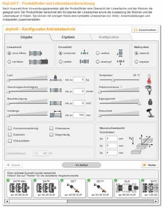 Strumenti online/drylin / Product finder Trova e configura slitte con motore DrivetechFinder In aggiunta alla ricerca e al calcolo
