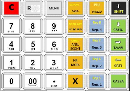 1. Descrizione Generale Layout tastiera Legenda il contenuto fra i simboli minore e maggiore indica importi, il contenuto fra parentesi quadre indica tasto funzionale es: <1234> [CASSA] è una entrata