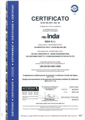VI Qualità certificata Certified quality - La divisione Inda accessori ha ottenuto da TÜV la certifi cazione del sistema di qualità, in accordo alla normativa UNI EN ISO 9001:200.