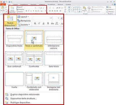 In PowerPoint sono disponibili nove layout diapositiva predefiniti.