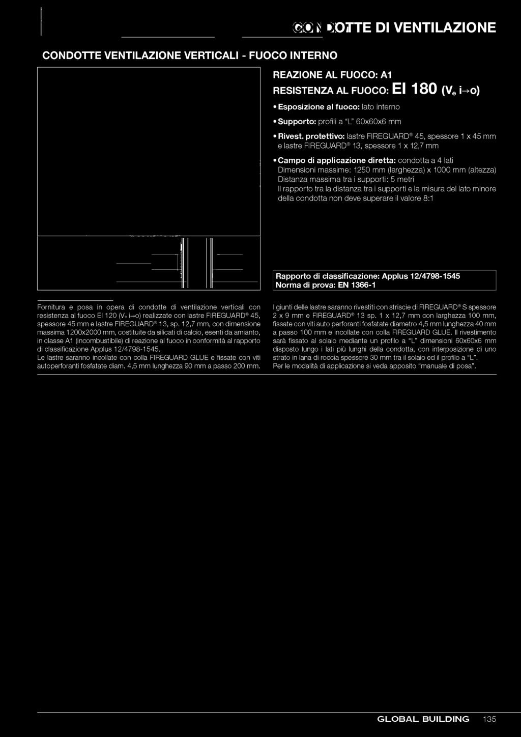 Applus 12/4798-1545 Norma di prova: EN 1366-1 Fornitura e posa in opera di condotte di ventilazione verticali con resistenza al fuoco EI 120 (Ve i o) realizzate con lastre FIREGUARD 45, spessore 45