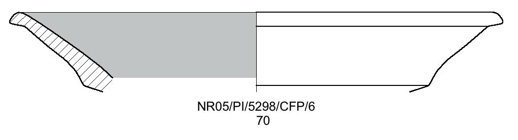 Frammento di orlo e della parete immediatamente sotto alla carena. Superfici non trattate 2.5 YR 7/8 light red. Argilla: nucleo 7.5 YR 6/2 pinkish gray; int./est. 2.5 YR 6/8 light red.