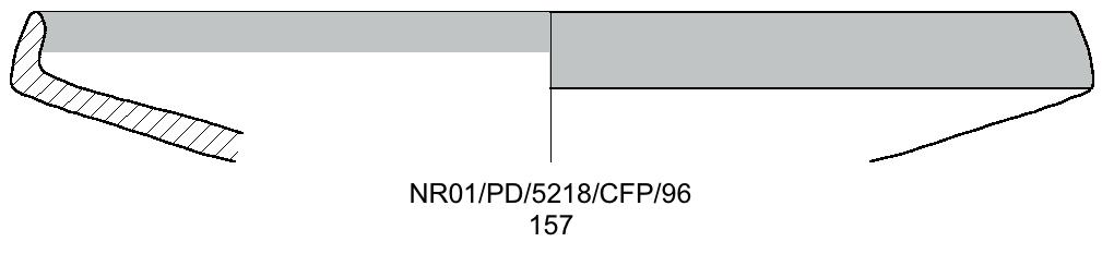 In frattura inclusi chiari e scuri di piccole e medie dimensioni. Seconda metà VII - prima metà del VI sec. 157. NR01/PN/5218/CFP/96. Frammento di orlo e parete. Diam. cm 16.