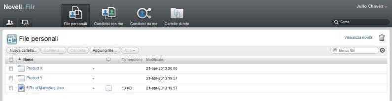1.1.2 File personali È possibile effettuare l'upload dei file direttamente nel sito Filr per il proprio uso personale o per facilitare la collaborazione.