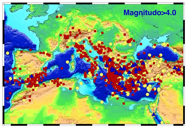 Mappa degli eventi con magnitudo superiore a 4 dell'area mediterranea ed auropea dal 1964 al 1992. I dati sono tratti dai bollettini ISC e NEIS.
