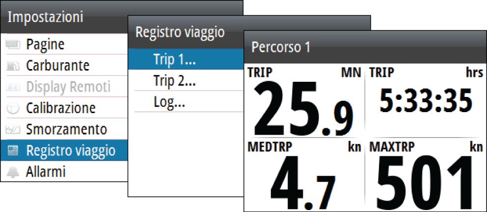 4 Distanza parziale Il Registro viaggio è disponibile nel menu Impostazioni. Si tratta di una pagina temporanea la cui vista non può essere configurata come una delle pagine definite dall'utente.