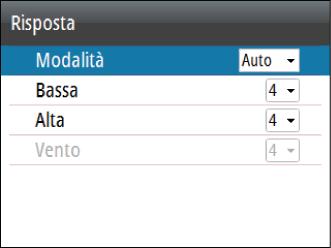 Modalità Vento: selezionare la funzione vento che l'autopilota utilizzerà in modalità Vento - Auto: Se l'angolo di vento vero (TWA) è <70º, la modalità Vento utilizzerà l'angolo di vento apparente