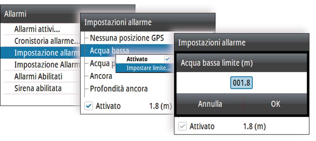 Impostazioni dei singoli allarmi Per abilitare/disabilitare un singolo allarme e impostarne i limiti, utilizzare la finestra di dialogo Impostazioni