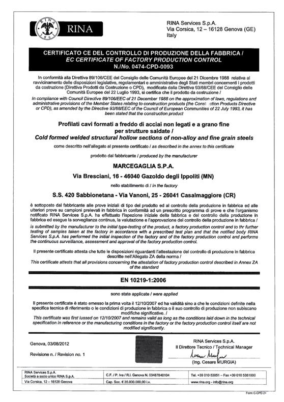 della EN 10219-1 Qualità standard certificate con marchio CE: S235JRH, S275J0H,