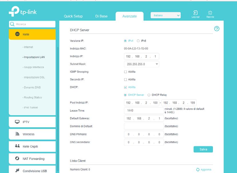 Configurazione via web 1 Modalità Operativa 2 Impostazioni LAN 3 Impostazioni Wireless Aprire con un browser la pagina http://tplinklogin.net oppure http://192.168.1.1, le credenziali predefinite sono: Nome utente: admin Password: admin Se richiesto, specificare una password personalizzata complessa.