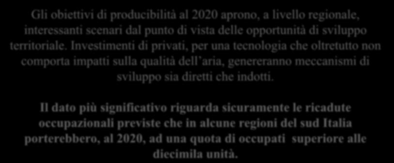 Gli obiettivi di producibilità al 2020 aprono, a livello regionale, interessanti scenari dal punto di vista delle opportunità di sviluppo territoriale.