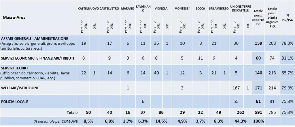 Anche il personale di ogni comune è stato ricondotto all'interno delle tre macro-aree sopraindicate definite convenzionalmente per facilitare il confronto tra organigrammi differenti (si veda tabella