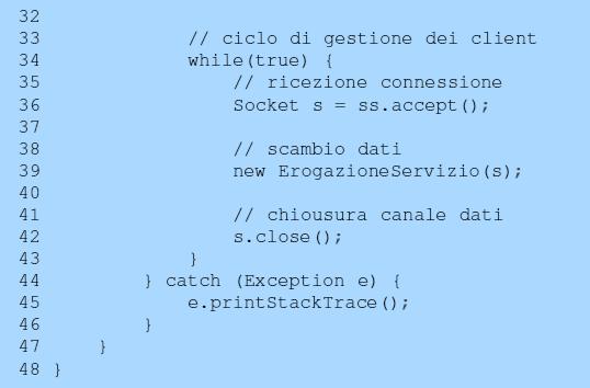 accept() Una ServerScket viene usata all intern di un cicl dve ripetutamente vengn accettate delle cnnessini Per gni nuv client si invca il metd accept() La chiamata è blccante, il thread nn