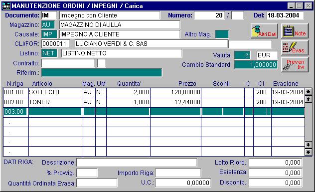 MODULO ORDINI AD HOC WINDOWS Nella figura seguente appare il secondo impegno comprendente due articoli uno dei quali è già compreso nel primo impegno (TONER) con data prevista evasione 19/03/04. Fig.