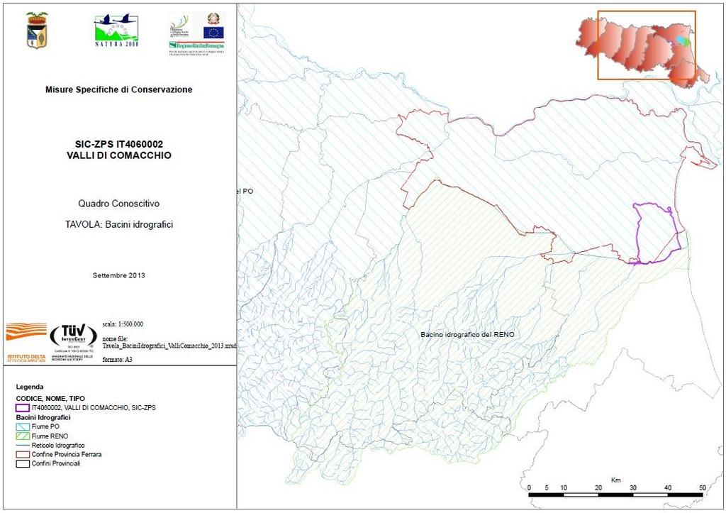 Figura 6: bacini idrografici in rapporto al sito Valli di Comacchio, fonte dati bacini idrografici Ispra, elaborazione Istituto Delta Ecologia Applicata srl.