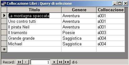 visualizzazione struttura come mostra la figura seguente (Query1); si salva la query, con lo stesso procedimento delle tabelle, dandole il nome Collocazione libri.