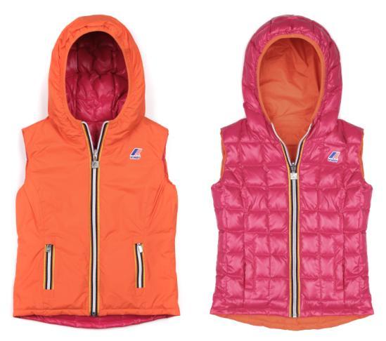 Logo K- Way ed K003XR0 LISE THERMO PLUS DOUBLE Gilet reversibile da bambina con un lato in Nylon Plus confortevole e perfettamente impermeabile, antivento, traspirante e termosaldato.