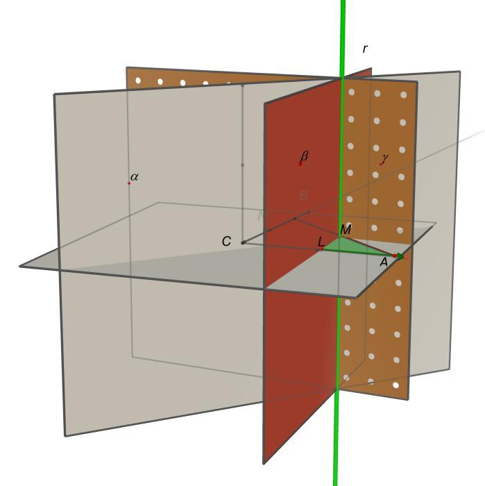 Si provi che nello spazio ordinario a tre dimensioni, il luogo geometrico dei punti equidistanti dai tre vertici di un triangolo rettangolo è la retta perpendicolare al piano del triangolo passante