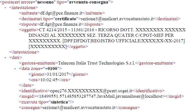 PTT - Aspetti tecnici: gestione ricevute notifiche Le ricevute di trasmissione e consegna della PEC all Ente impositore, di solito in formato XML, contengono gli estremi della notifica.