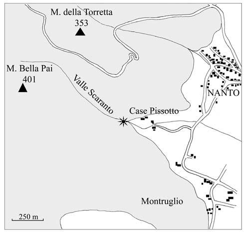 Fig. 1 Mappa dei dintorni di Nanto (Monti Berici) con la località di ritrovamento dell esemplare esaminato (*). Fig.