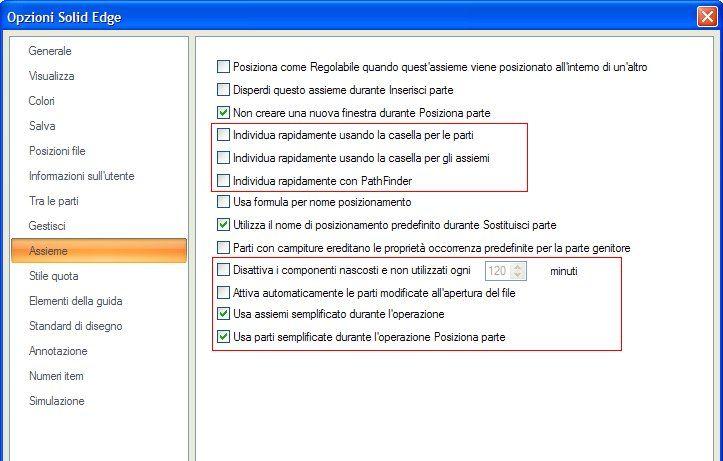 Attività: Utilizzo delle configurazioni nell assieme Nella pagina Assieme le voci nei riquadri sono opzioni che possono ottimizzare le prestazioni.