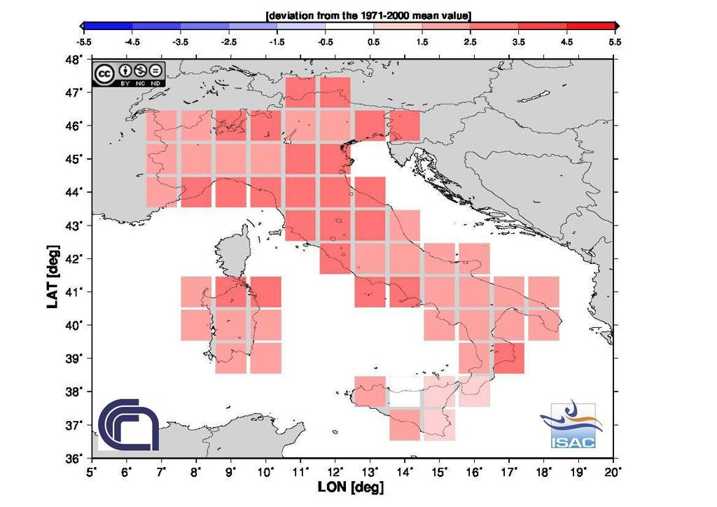 Figura 2. Variazione della temperatura media durante l estate 2015 rispetto alla media climatologica (1971-2000) in Italia.