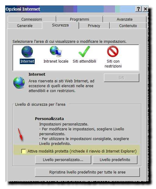 Explorer 8 e successivi: disattivare l'opzione Attiva modalità protetta -