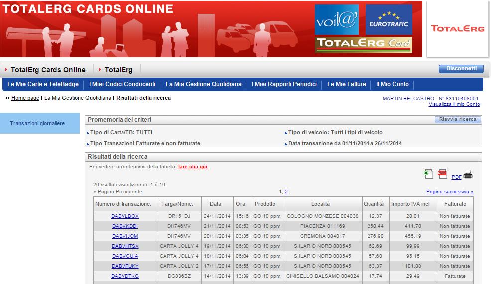 Report delle transazioni giornaliere Tasti di