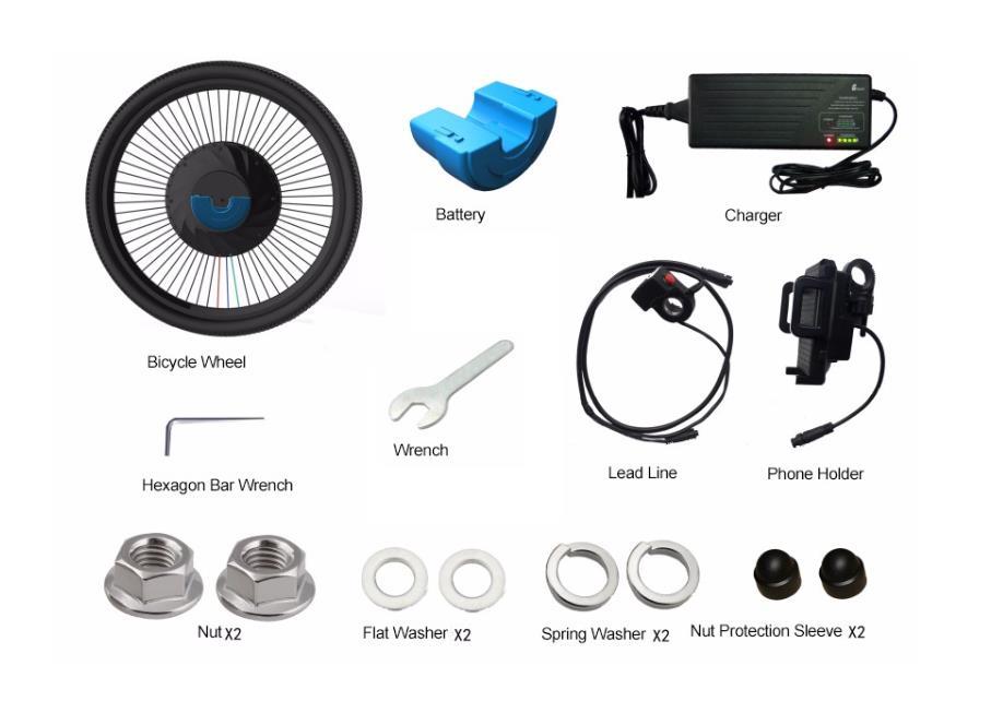 1) COSA C E NEL BOX: - Free Wheel - Batteria - Caricabatteria - Supporto per smarthone - Indicatore di carica e interruttore generale - Utensileria, dadi 2) INSTALLAZIONE ED USO: Sostituire la vostra