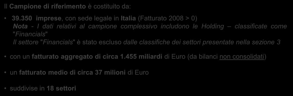 IL CAMPIONE DI RIFERIMENTO Il campione di imprese esaminato è composto da società di capitali con fatturato superiore a Euro 5M censite dalla banca dati Aida di Bureau Van Dijk (vers.