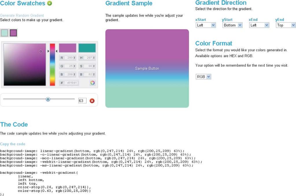 CSS3 Gradient Generator http://gradients.glrzad.