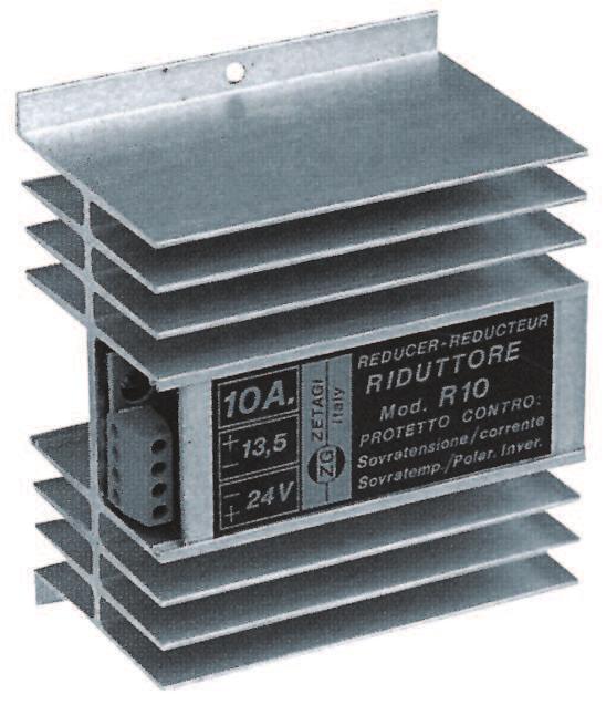 Carico 5 A continuativi Ingresso 18 30 Vd.c. 06. 003 Uscita 13,8 Vd.c. Carico 10 A Dimensioni 120x63x100 mm Peso 0,5 Kg.