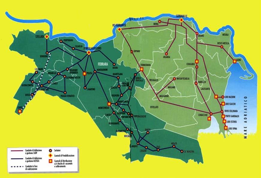 IL TERRITORIO GESTITO DA C.A.D.F. S.p.A.: 13 Comuni del medio e basso Ferrarese, metà Provincia di Ferrara in verde chiaro sulla diapositiva. C A D F S.p.A. opera su un territorio di 1.