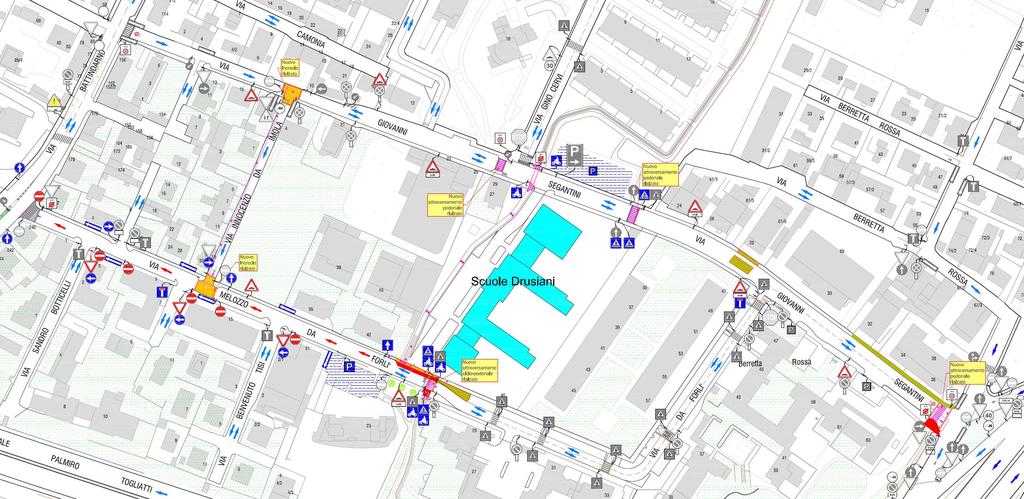 Esempio di una zona 30 completata: zona Battindarno (Scuole Drusiani) - Istituzione Zona 30 - Realizzazione di porte di ingresso alla zona 30 - Creazione di rialzi della pavimentazione per