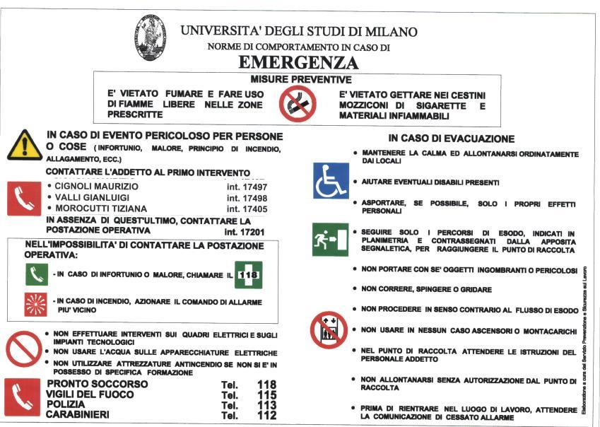 Informazioni per le emergenze: Le trovate esposte all ingresso di ogni edificio ed a ciascun piano Qui sotto sono riprodotte quelle attualmente esposte all ingresso del piano