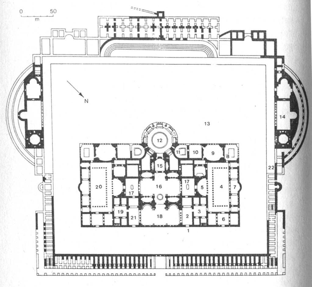 Roma terme di Caracalla (211-217 d.c.) -3 e 19: apodyteria -4 e 20: Palestre -12: calidarium -15: tepidarium -16: frigidarium -18: natatio -13: giardini -14: biblioteca.