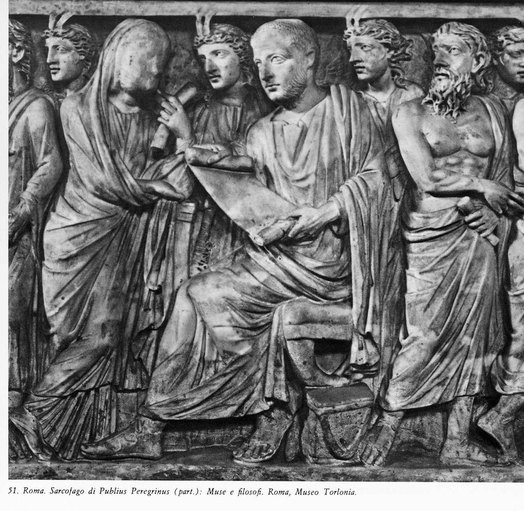 La rappresentazione del defunto tra i filosofi e le Muse si afferma sui sarcofagi del decennio 260-270, periodo dell impero gallienico.