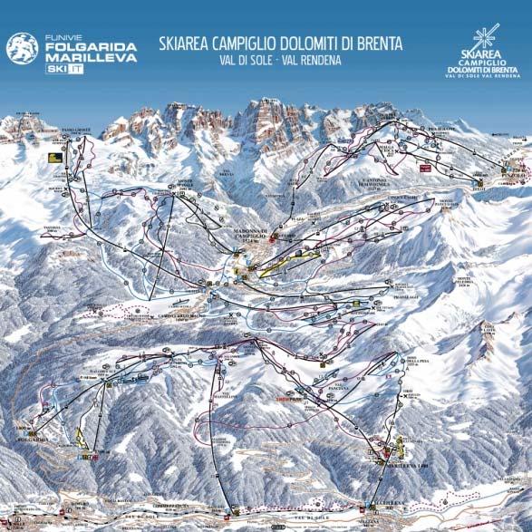 Dalle classiche piste da sci di Madonna di Campiglio, alle divertenti rosse di Pinzolo, fino alle ultime nere realizzate, come la Dolomitica e la Pancugolo, la skiarea Campiglio Dolomiti di Brenta