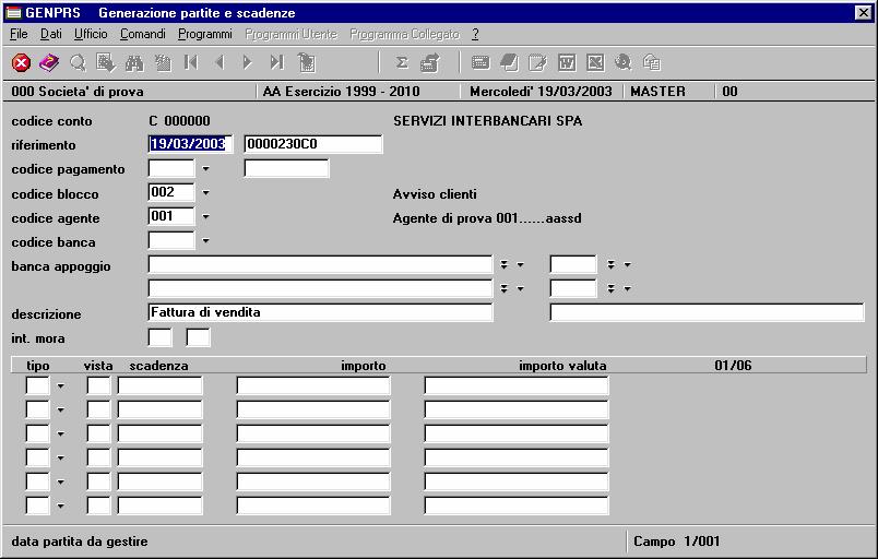 GENPRS Generazione partite e scadenze Inseriti due nuovi campi in cui indicare le modalità di gestione degli interessi di mora (non richiesti, stornati o addebitati) ed il tasso da applicare.