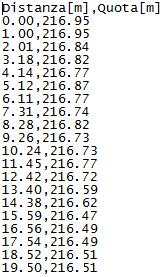 Il file di testo contiene due colonne, separate da una virgola, che indicano per ogni cella del DEM appartenente al profilo la distanza dall inizio del profilo e la quota.