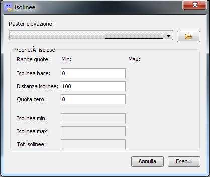 2.5. Estrazione isolinee Lo strumento per l estrazione di isolinee da un DEM è accessibile dal menù Strumenti > Analisi Topografiche > Isolinee (Figura 10).