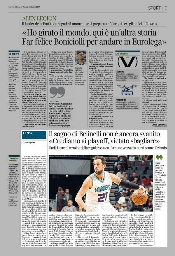 24 marzo 2017 Pagina 17 Corriere di Bologna Il sogno di Belinelli non è ancora svanito «Crediamo ai playoff, vietato sbagliare» Undici gare al termine della regular season.
