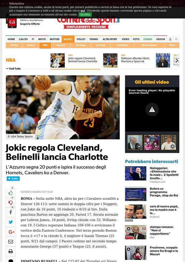 corrieredellosport.it Jokic regola Cleveland, Belinelli lancia Charlotte L' Azzurro segna 20 punti e ispira il successo degli Hornets, Cavaliers ko a Denver.